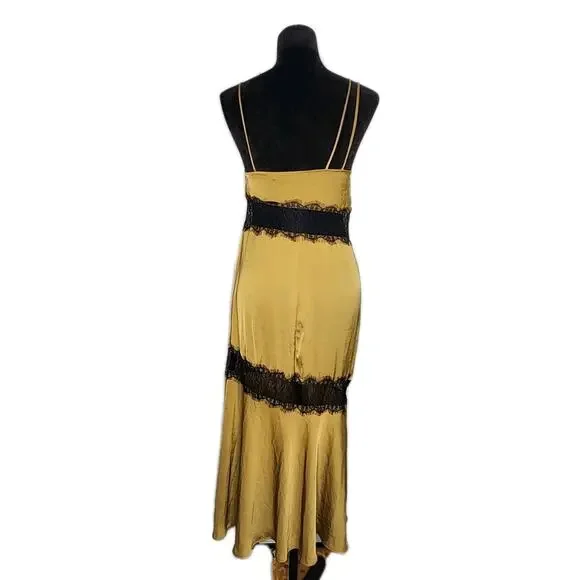 Zara Satin Contrast Slip Camisole Midi Dress Sheer Lace Panel Olive green Xs - Picture 4 of 11